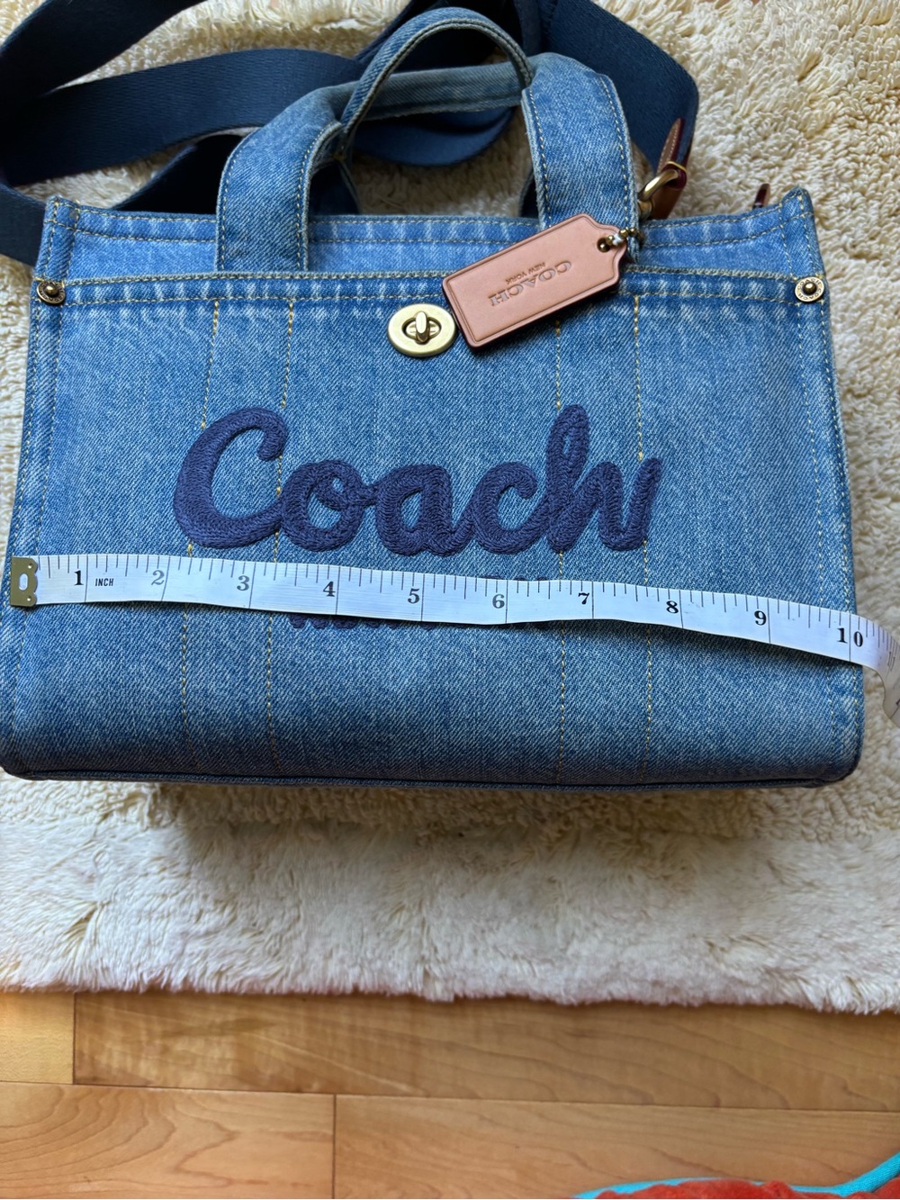Coach Blue Denim Tote with Navy Logo and Tan Tag - Picture 8 of 9